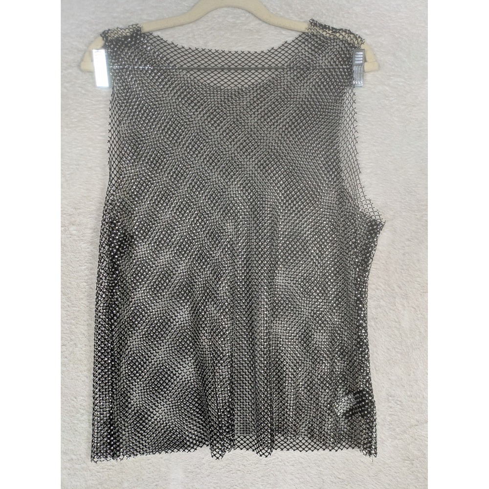 Haute Monde Tank Women's L Black Rhinestone Mesh Sheer Sleeveless Embellished